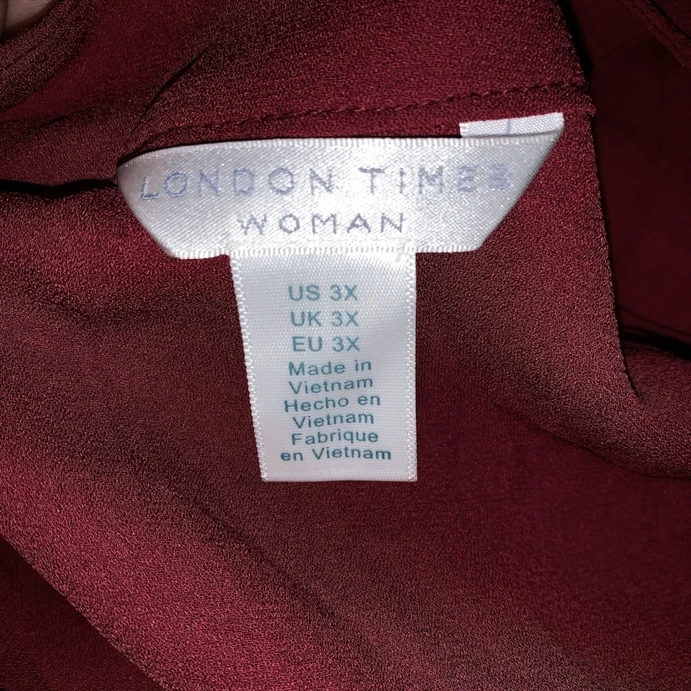 London Times Woman 3X Burgundy Sleeveless Ruffle Blouse Tunic NWT